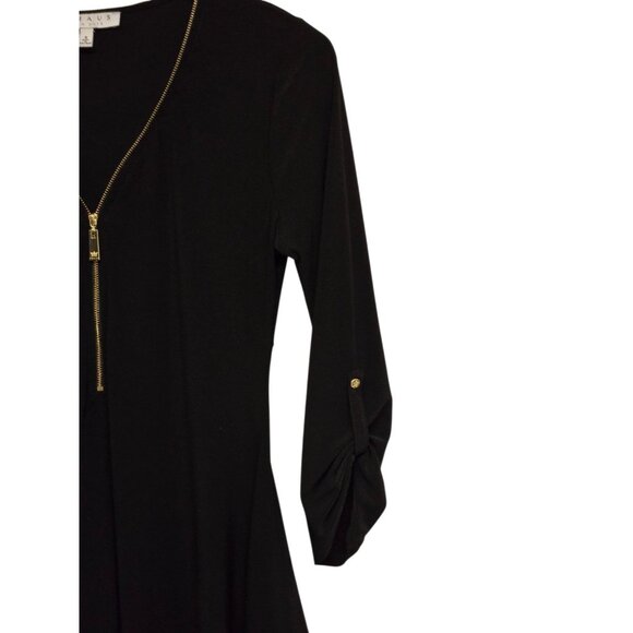 Chaus New York Womens Small Black Zip V Neck Blouse Roll Tab Sleeve Jersey Knit - Picture 4 of 6